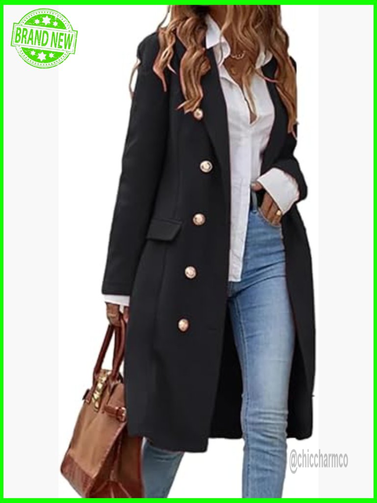 Long Wool Blend Trench Coat Double Breasted Peacoat Notch Lapel Knee Length